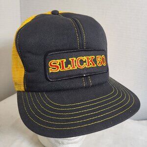 SLICK 50 Engine Wear Protector Patch Black Snapback Hat cap trucker 80s